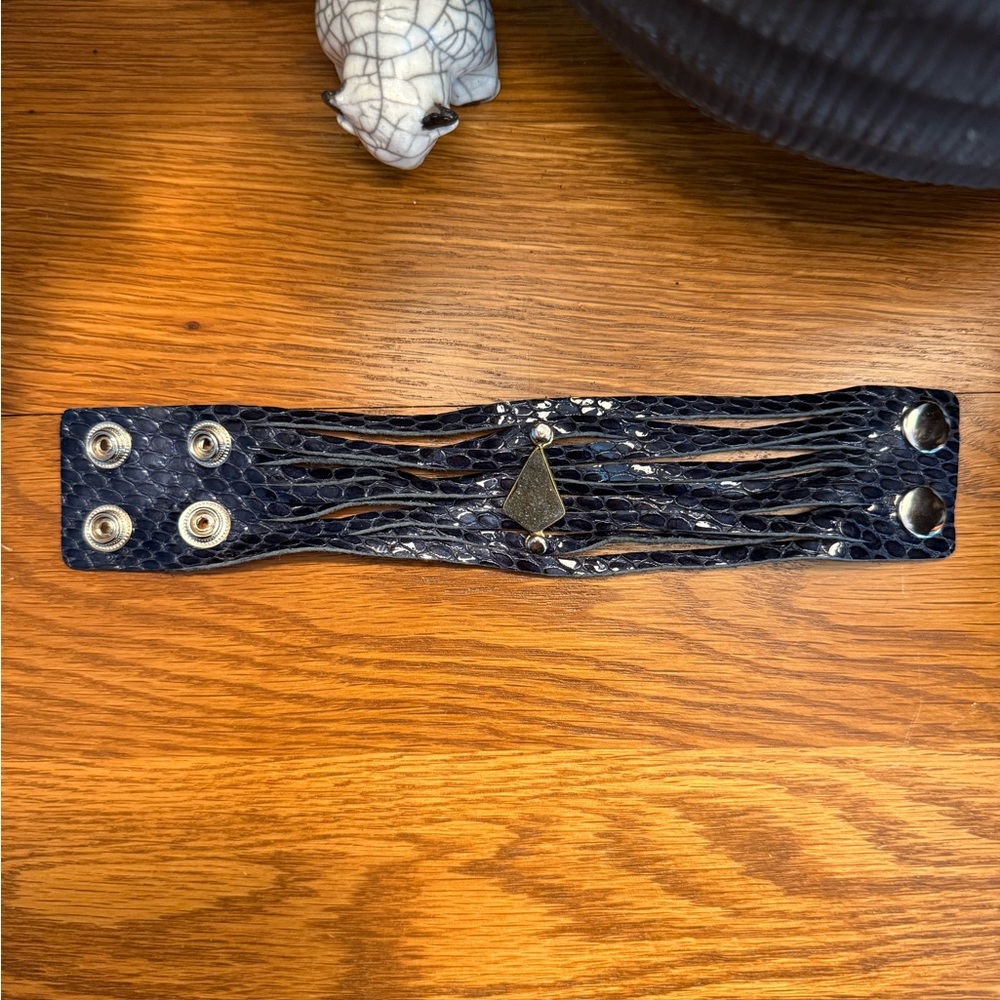Blue Textured Leather Snap Bracelet